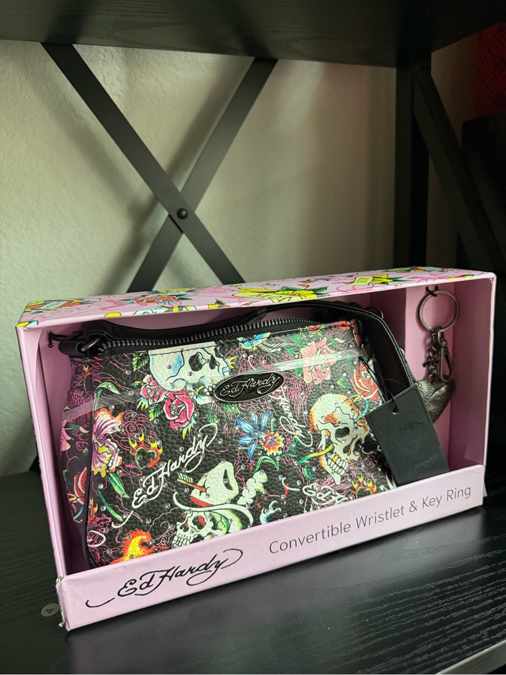 Ed Hardy Black Floral Skull Convertible Wristlet with Neon Accents